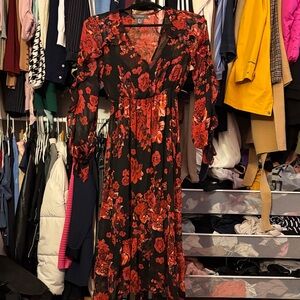 Primark Black and Red Floral Long Sleeve Dress